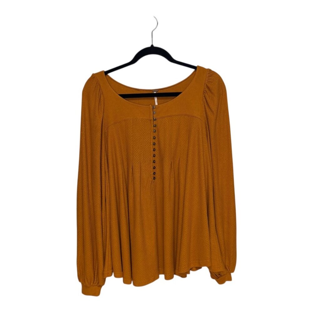 FREE PEOPLE | Pre-loved Mustard Textured Button-Front Long Sleeve Top – Size M
